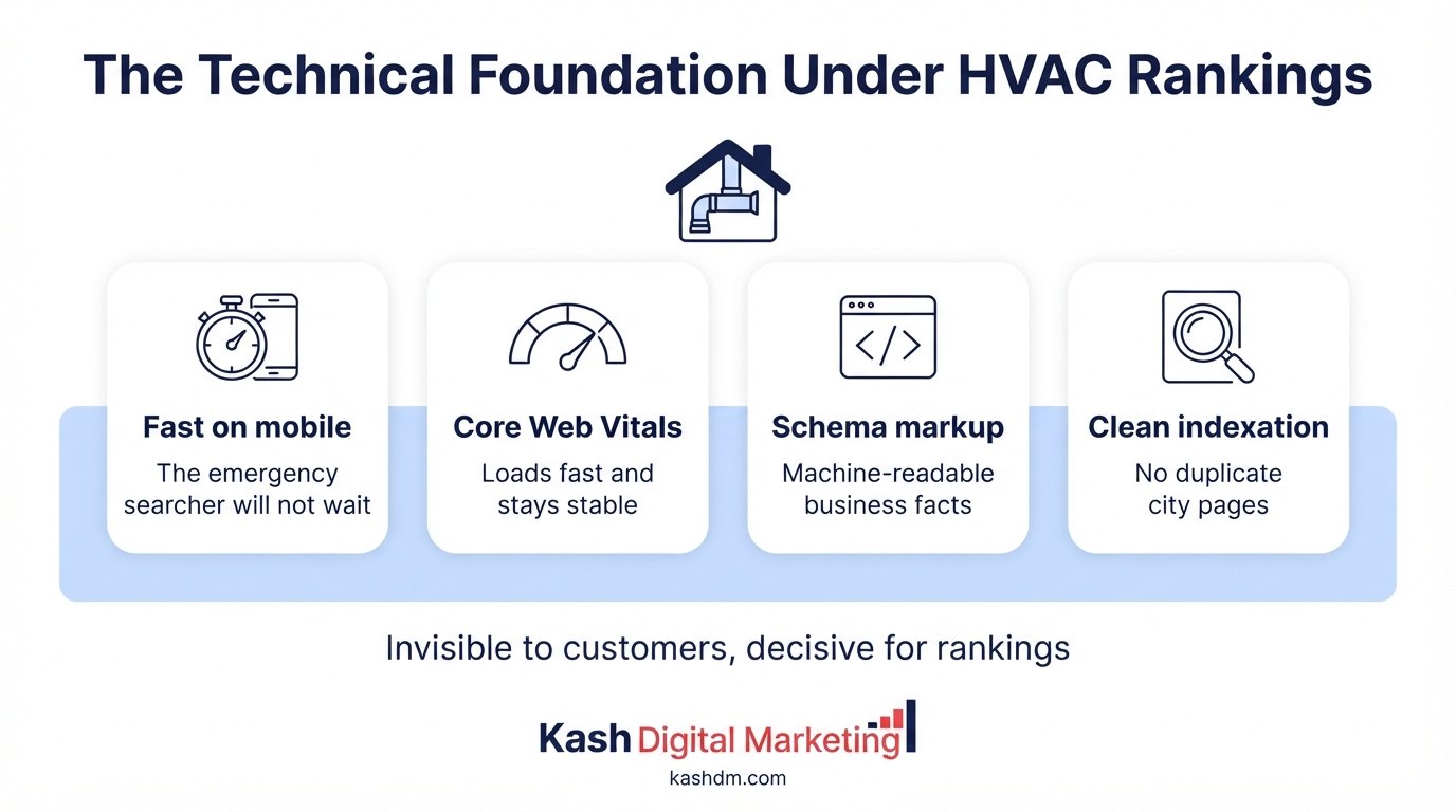 Technical SEO for HVAC websites: mobile speed, Core Web Vitals, schema markup and clean indexation as the foundation.