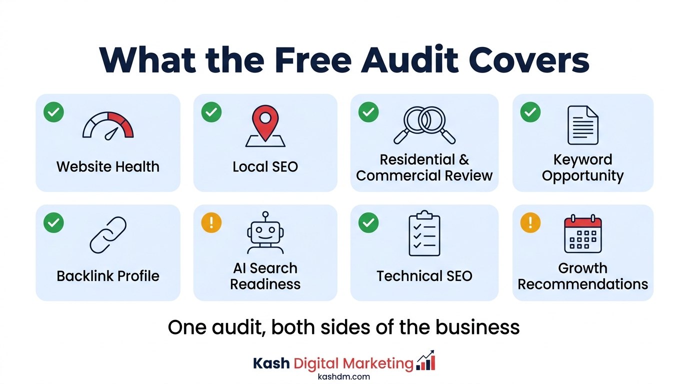 What a free home and commercial inspection SEO audit reviews: website health, local SEO, keyword opportunity, and AI search readiness.