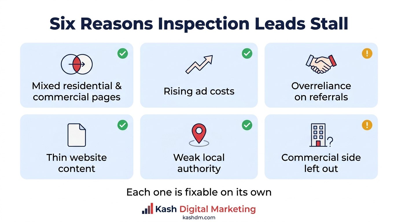 Six marketing challenges home and commercial inspection companies face, from mixed intent pages to thin websites.