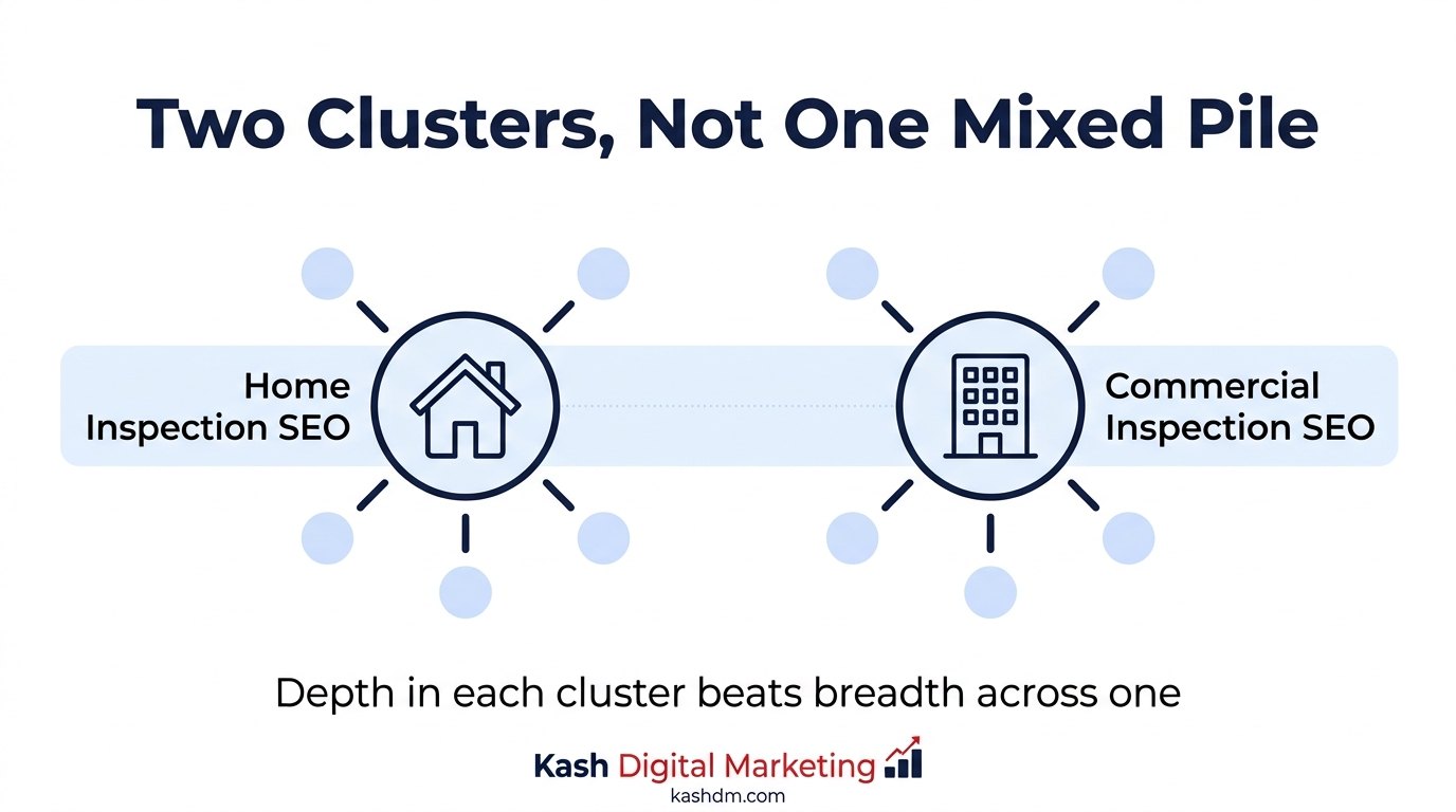Two separate content clusters for home inspection SEO and commercial inspection SEO, each with its own supporting articles.
