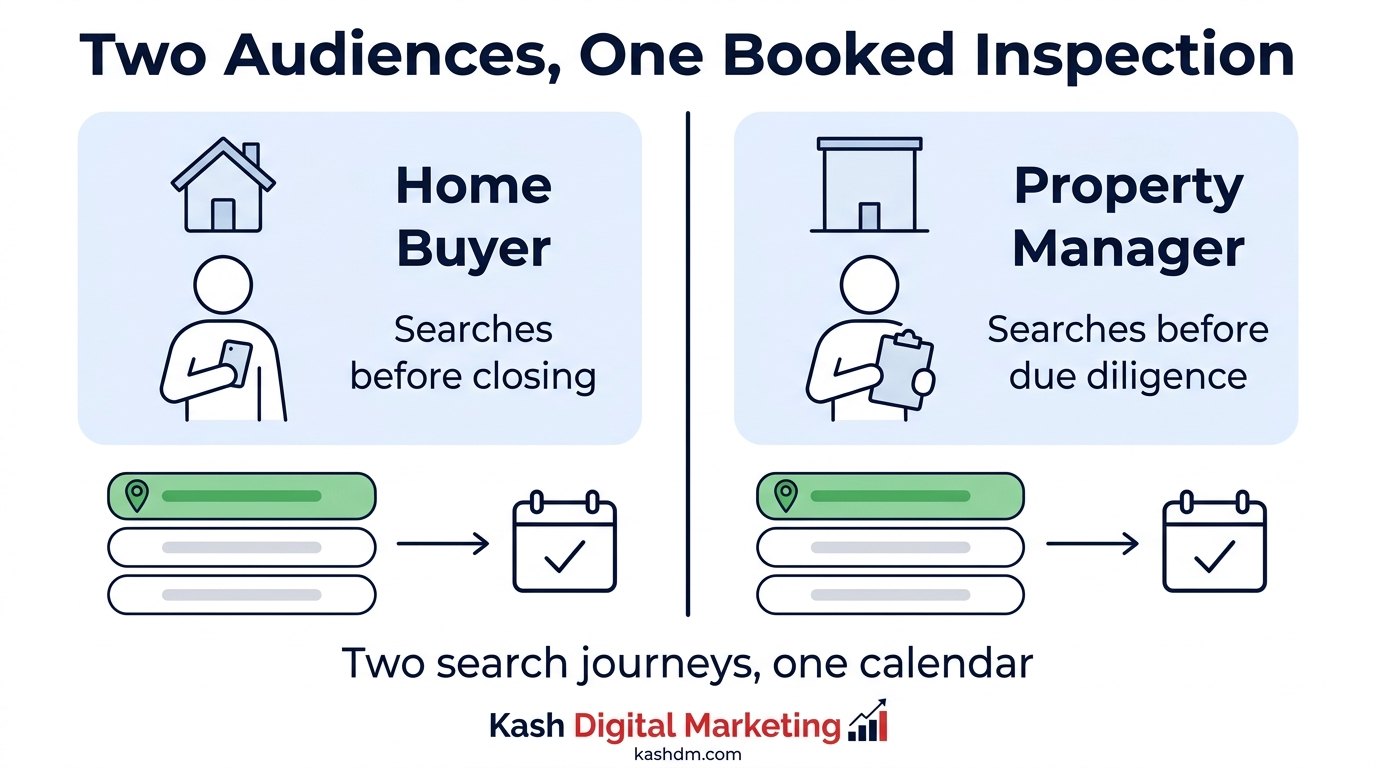 Home and commercial inspection SEO: a homeowner and a commercial property manager each searching, finding the right inspector, and booking an inspection.