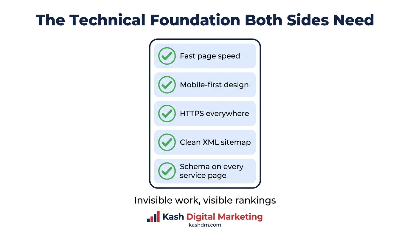Technical SEO checklist for inspection websites: speed, mobile design, HTTPS, sitemap, and schema markup.