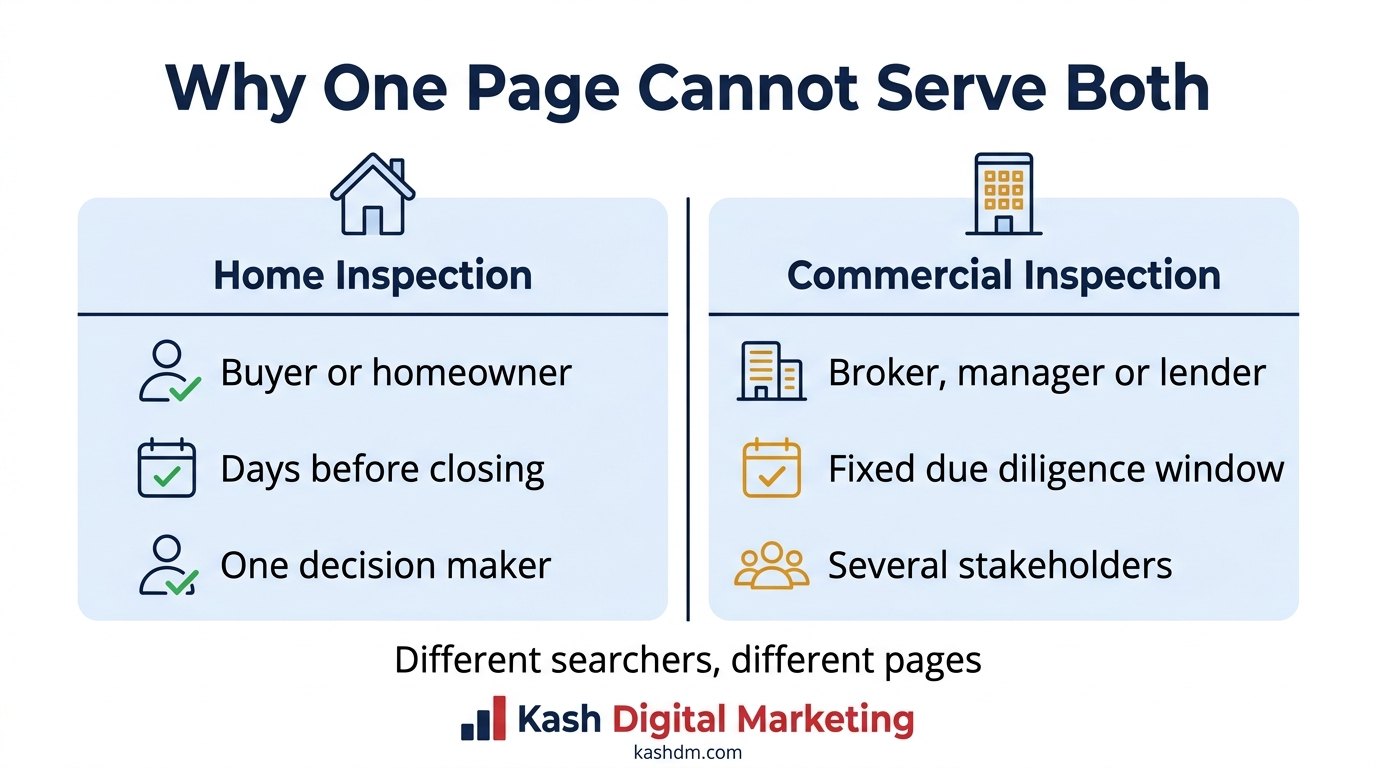 How home inspector searches differ from commercial inspection searches: buyer intent, timeline, and decision maker.
