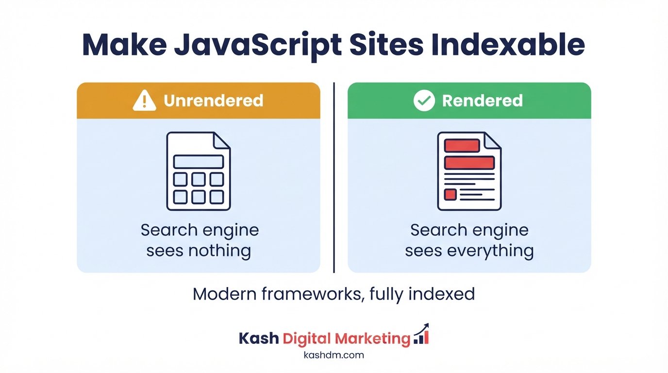 JavaScript and headless SEO ensuring modern framework-built sites render and index correctly.