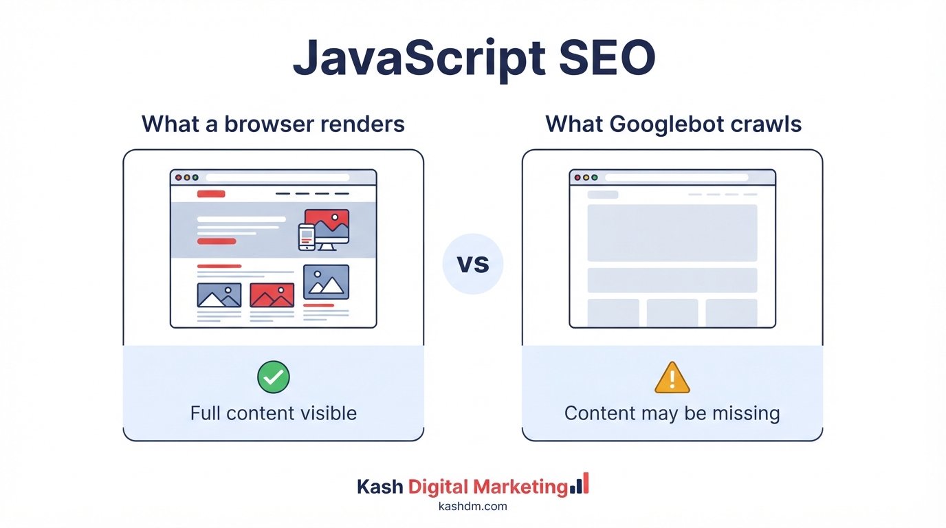 JavaScript SEO: comparing what a browser renders versus what Googlebot actually crawls and indexes.