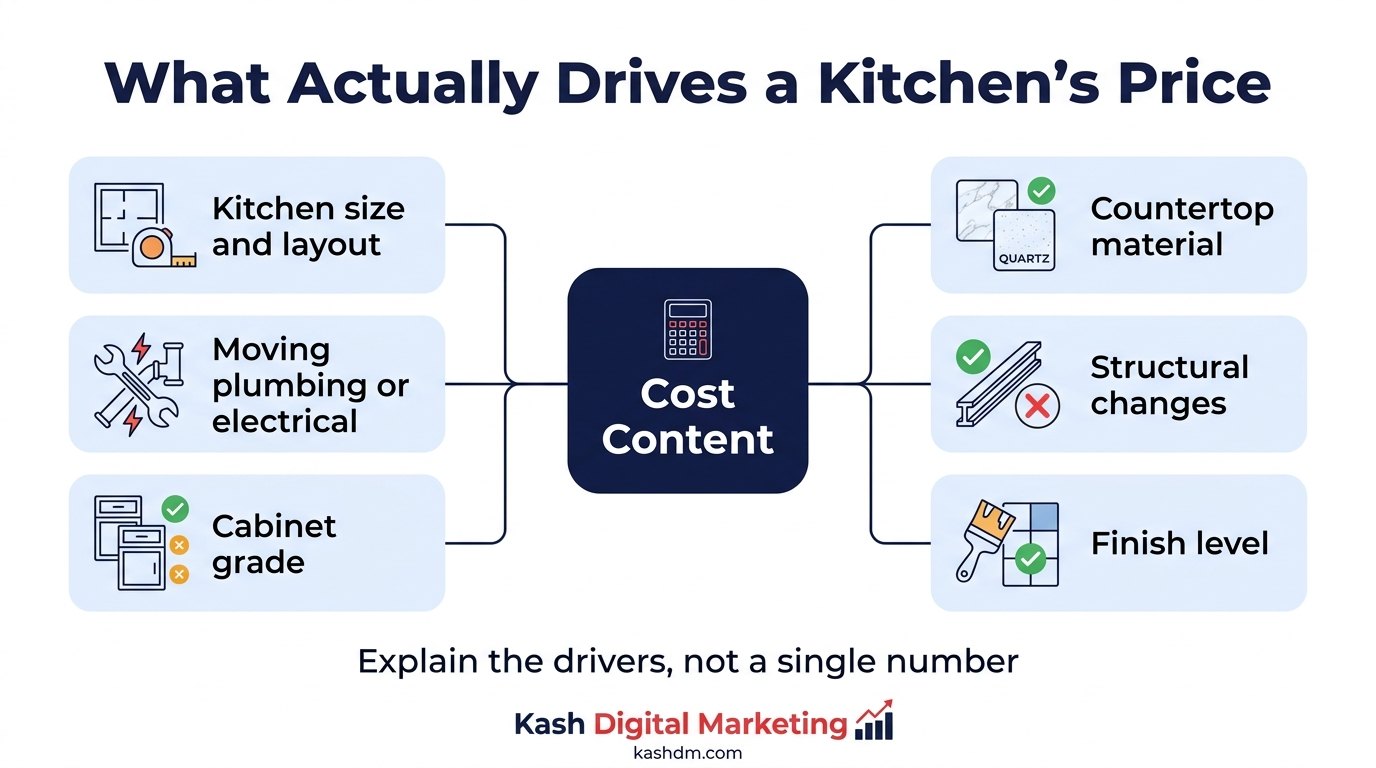 Kitchen remodel cost content: what drives price, by project type and by metro, answered honestly instead of avoided.