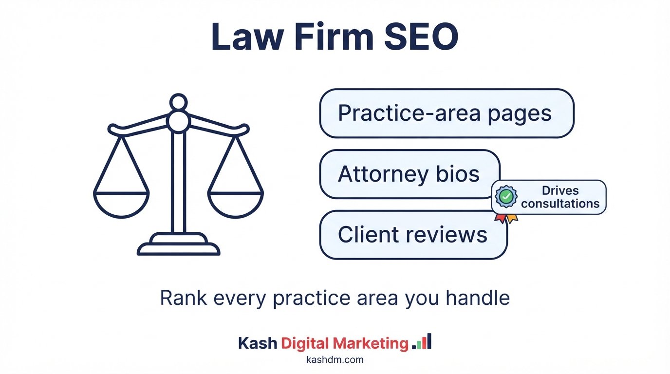 Law firm SEO services: practice-area pages, attorney bios, local rankings and client reviews driving consultations.