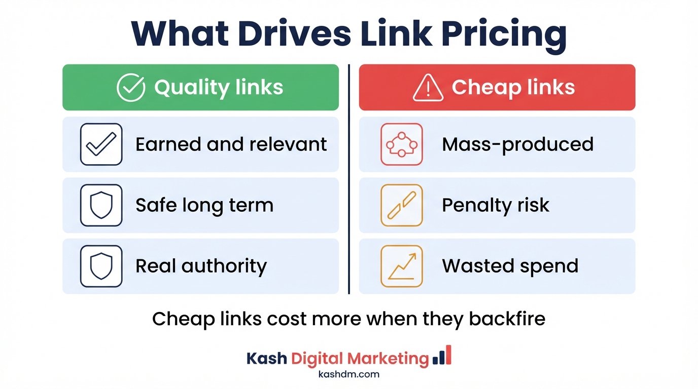 Link building pricing: quality earned links versus cheap mass-produced links and penalty risk.