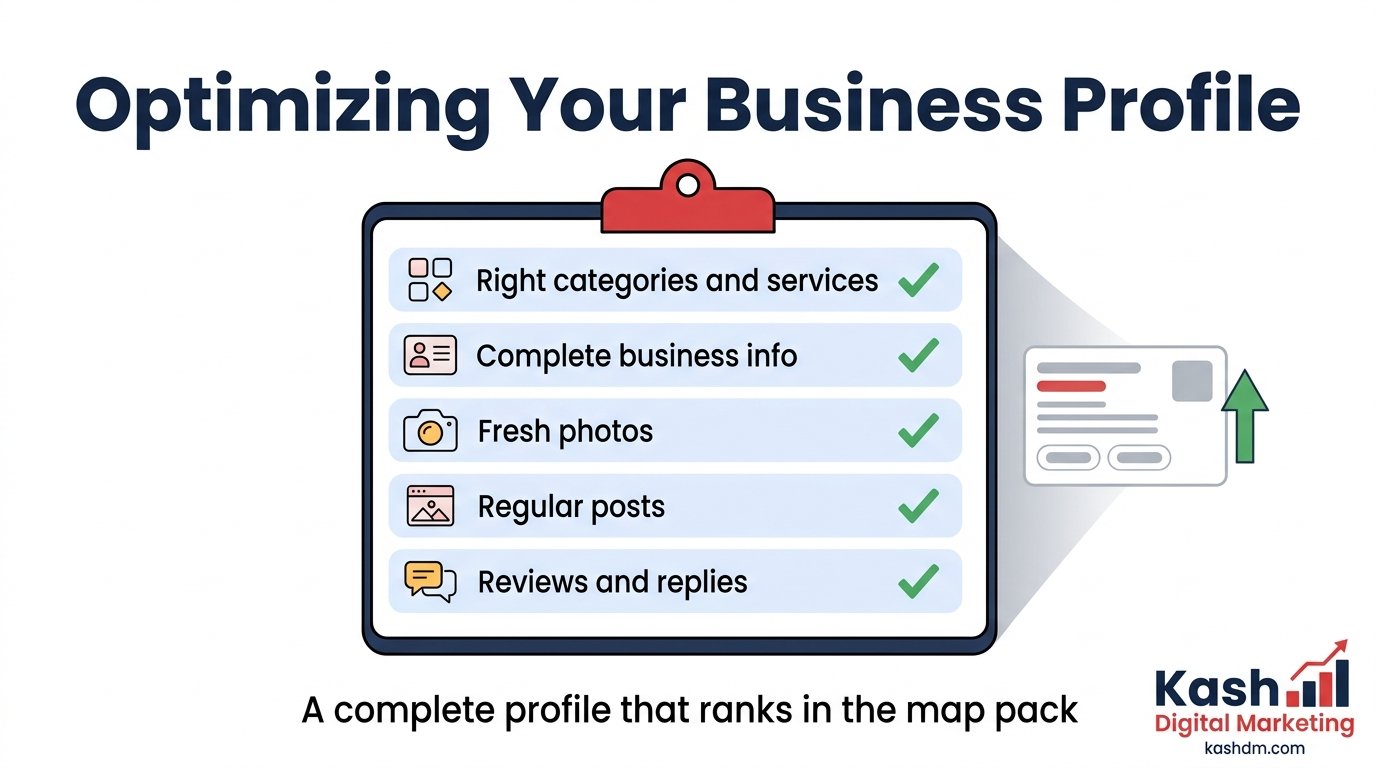 Google Business Profile optimization: a labeled profile showing categories, reviews, photos, services, posts and call buttons.