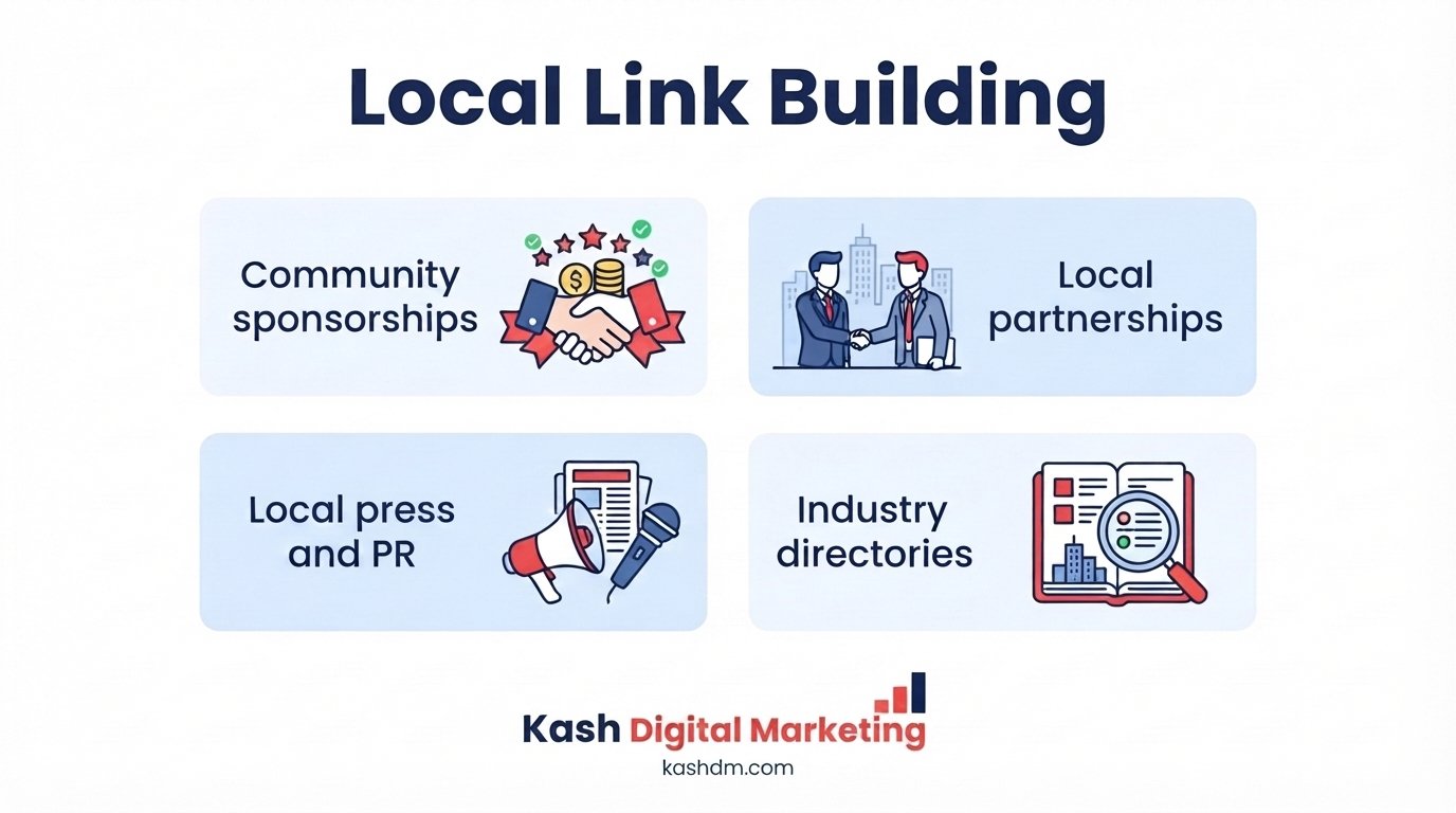 Local link building: sponsorships, community partnerships and local press earning geographically relevant links.