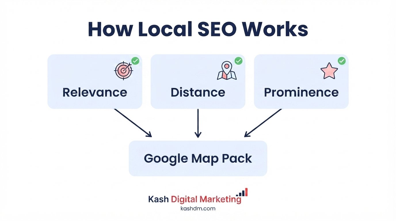 How local SEO works: relevance, distance and prominence signals feeding the Google map pack.