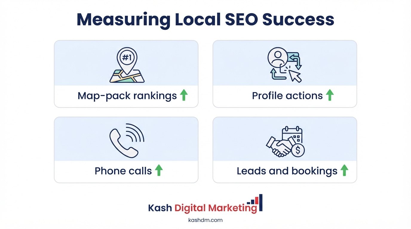 Measuring local SEO success: rankings, profile actions, calls and leads in a transparent report.