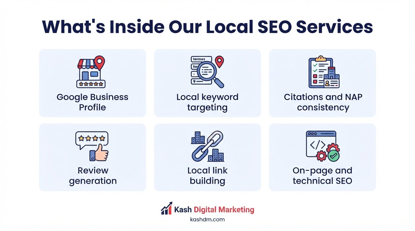 Local SEO services: six services including Google Business Profile, local keyword targeting, citations and NAP consistency, review generation, local link building, and on-page and technical SEO.