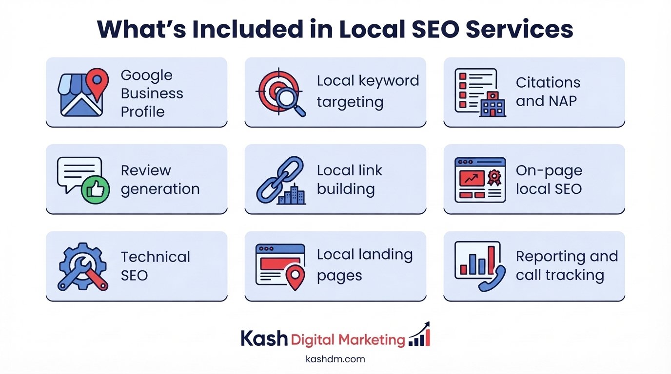 What's included in local SEO services: nine coordinated services from Google Business Profile to reporting.