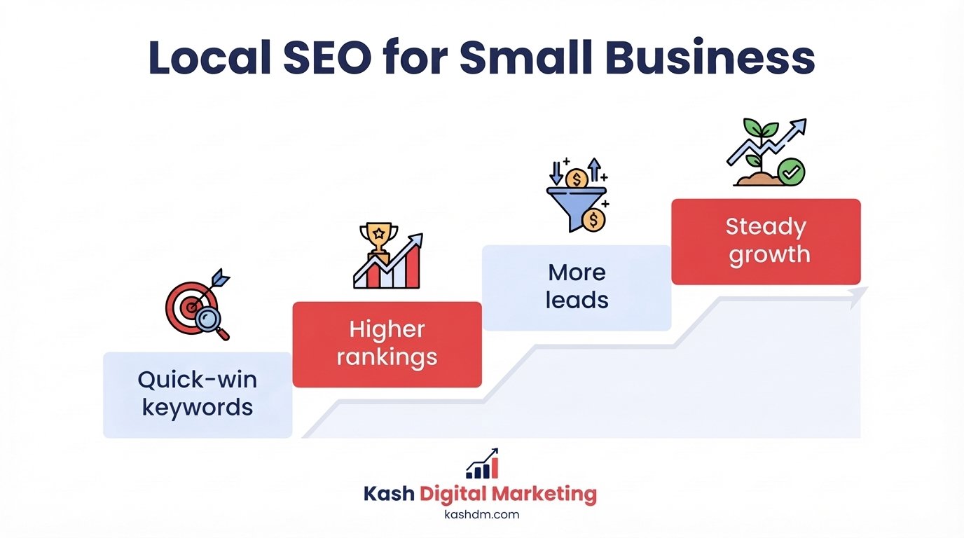 Local SEO for small business: a staircase from quick-win keywords to higher rankings, more leads and growth.