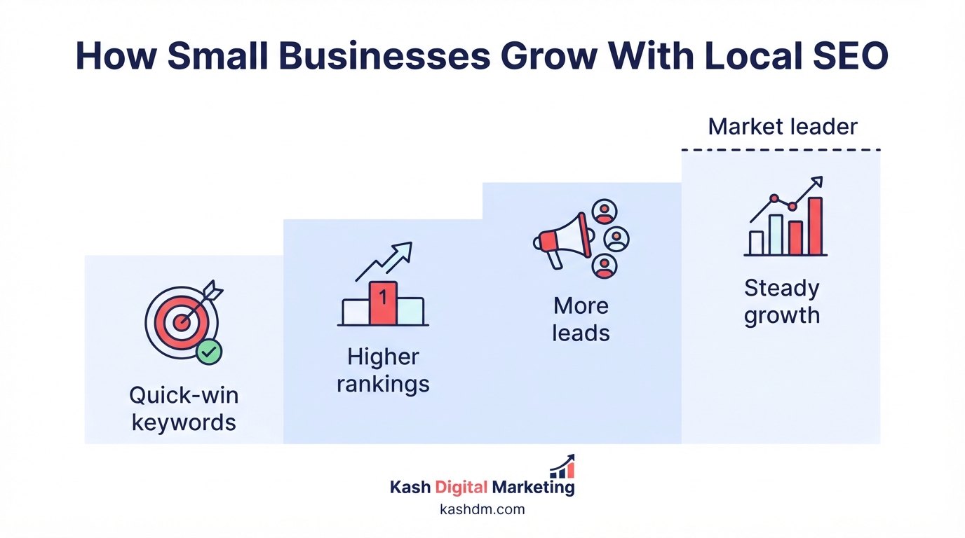 Local SEO for small business growth: an ascending staircase from quick-win keywords to higher rankings, more leads and steady growth toward becoming a market leader.