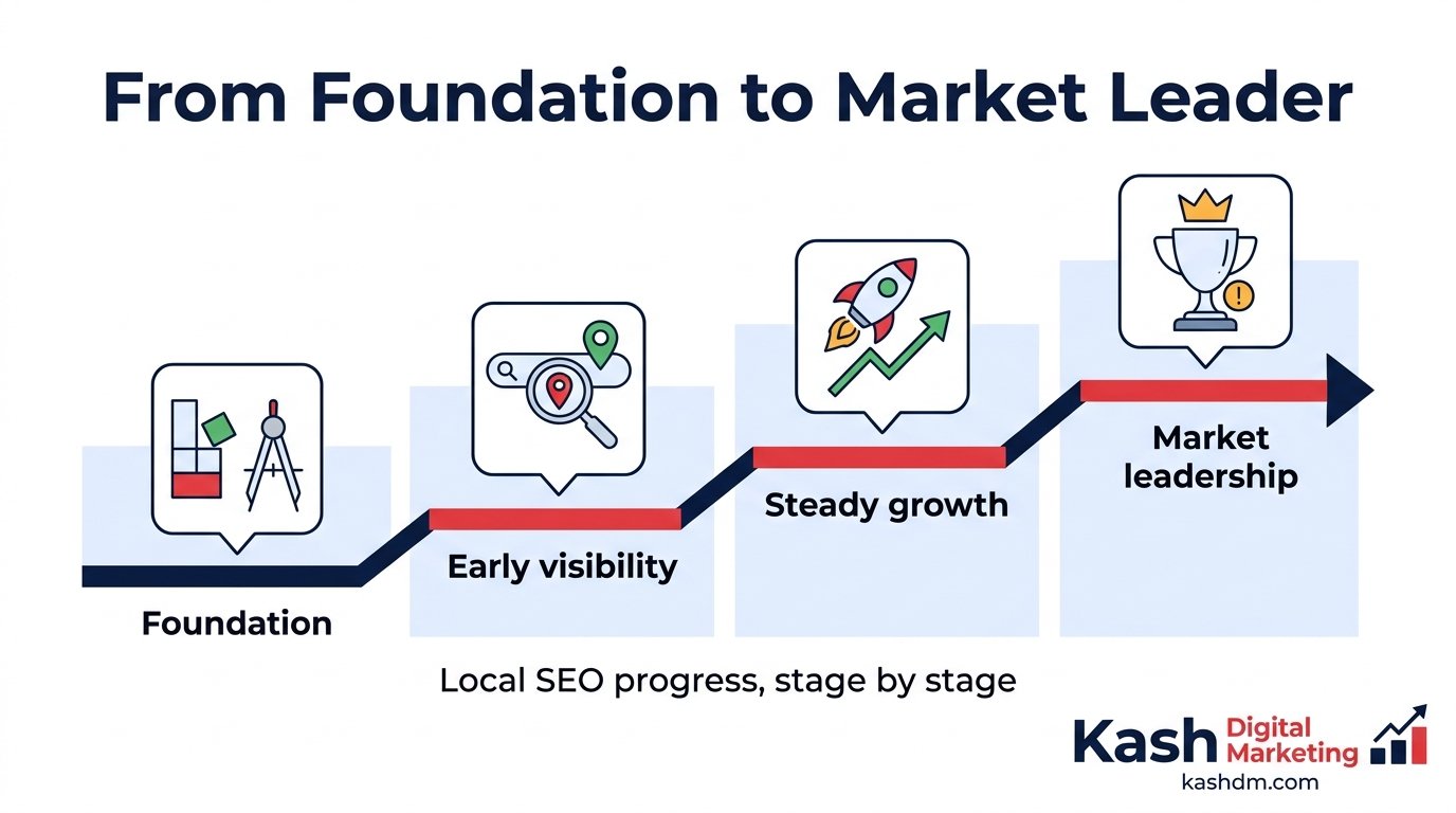 Local SEO statistics and benchmarks showing campaign progress from foundation to market leadership.