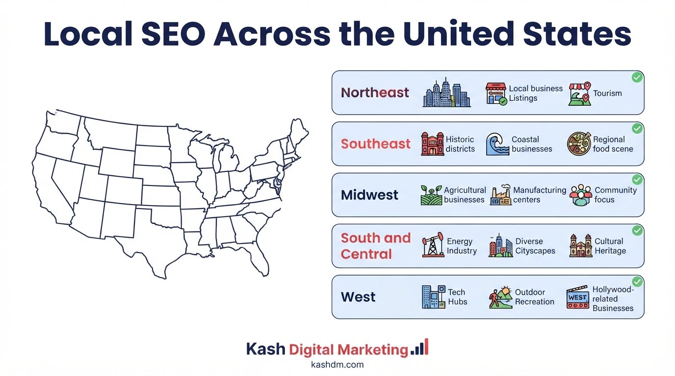 Local SEO services across the United States: coverage by region and metro area nationwide.