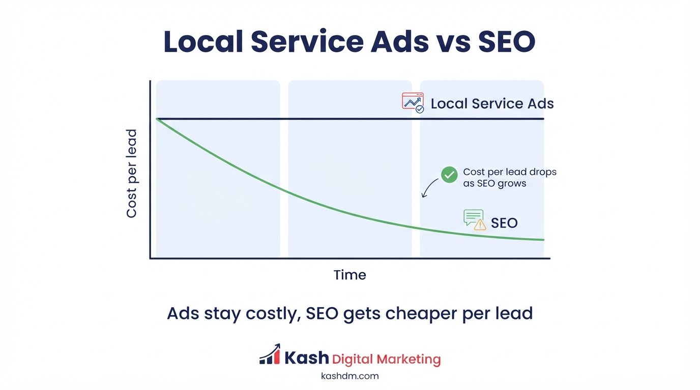 Local Service Ads vs SEO for contractors: cost per lead over time, paid ads flat, SEO falling.