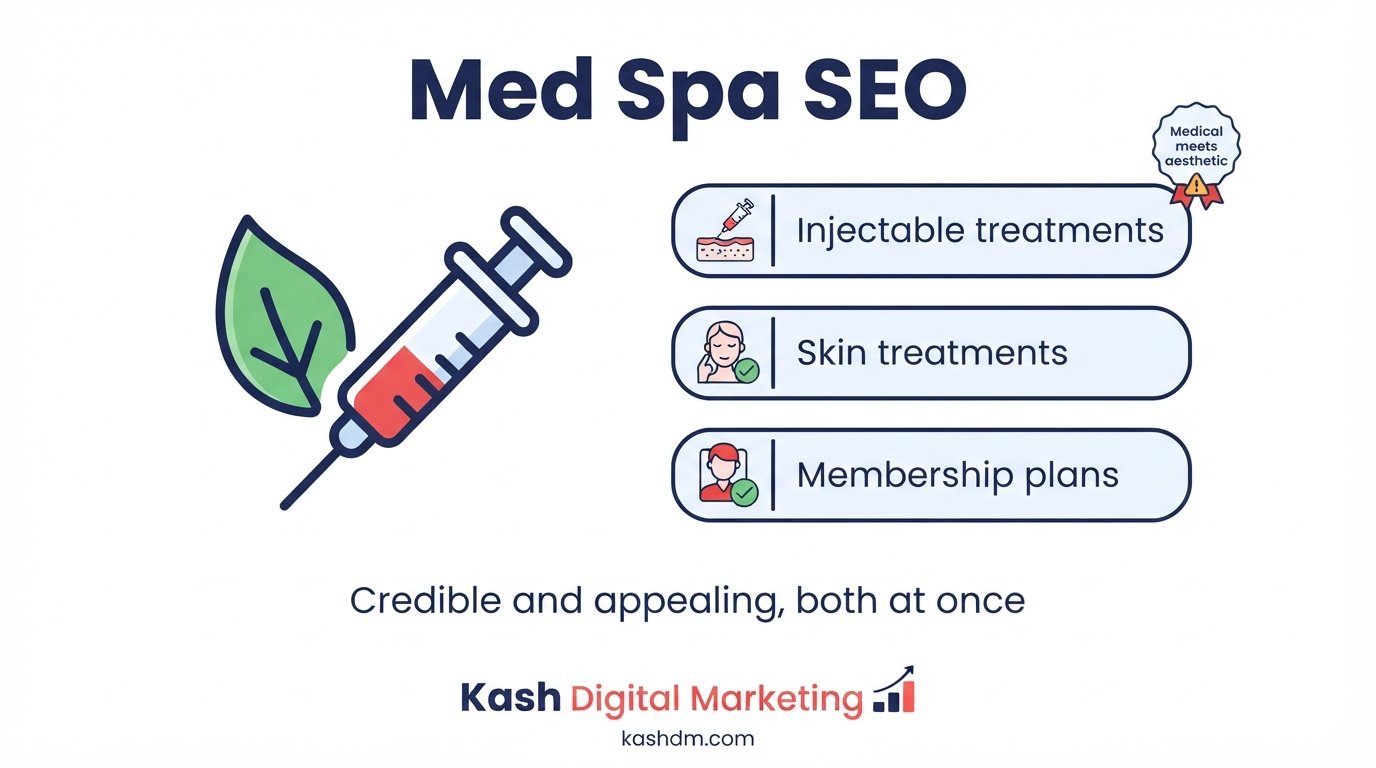 Med spa SEO services: treatment and membership pages balancing medical credibility with aesthetic appeal.