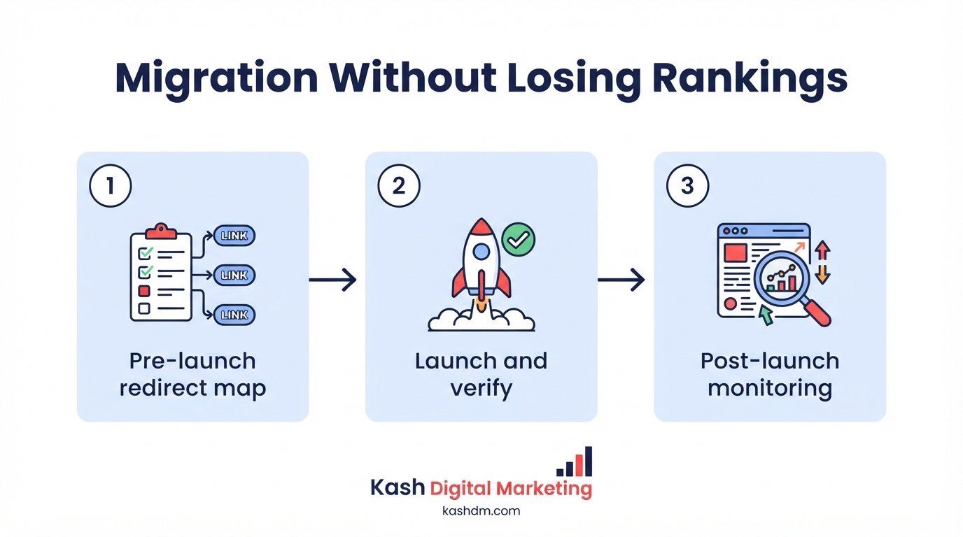 Migration SEO services: a pre-launch redirect map and post-launch monitoring protecting rankings during a site change.