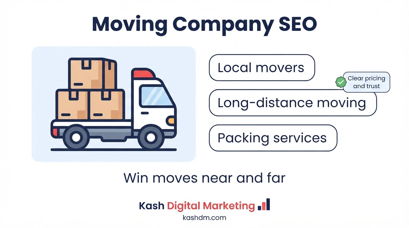 Moving company SEO: local and long-distance moving pages with transparent pricing and trust content.