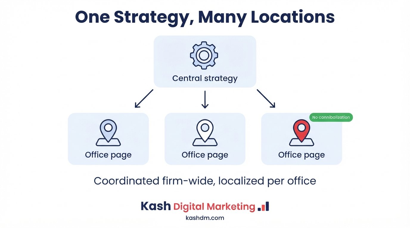SEO for multi-partner and multi-location firms: centralized strategy with localized practice-area and office pages.