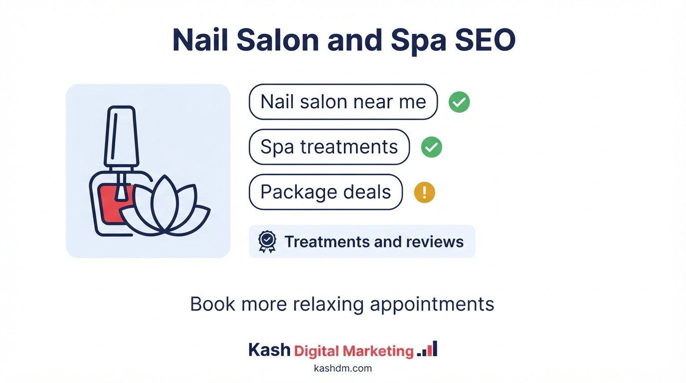 Nail salon and spa SEO: a spa Google profile with treatment photos, package promotions and reviews.