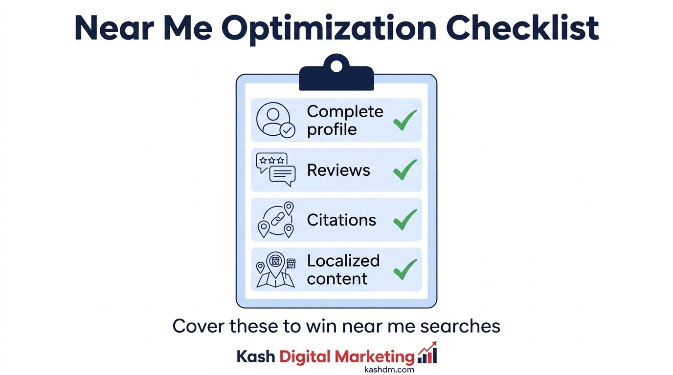 Near me optimization checklist: profile completeness, reviews, citations and localized content.