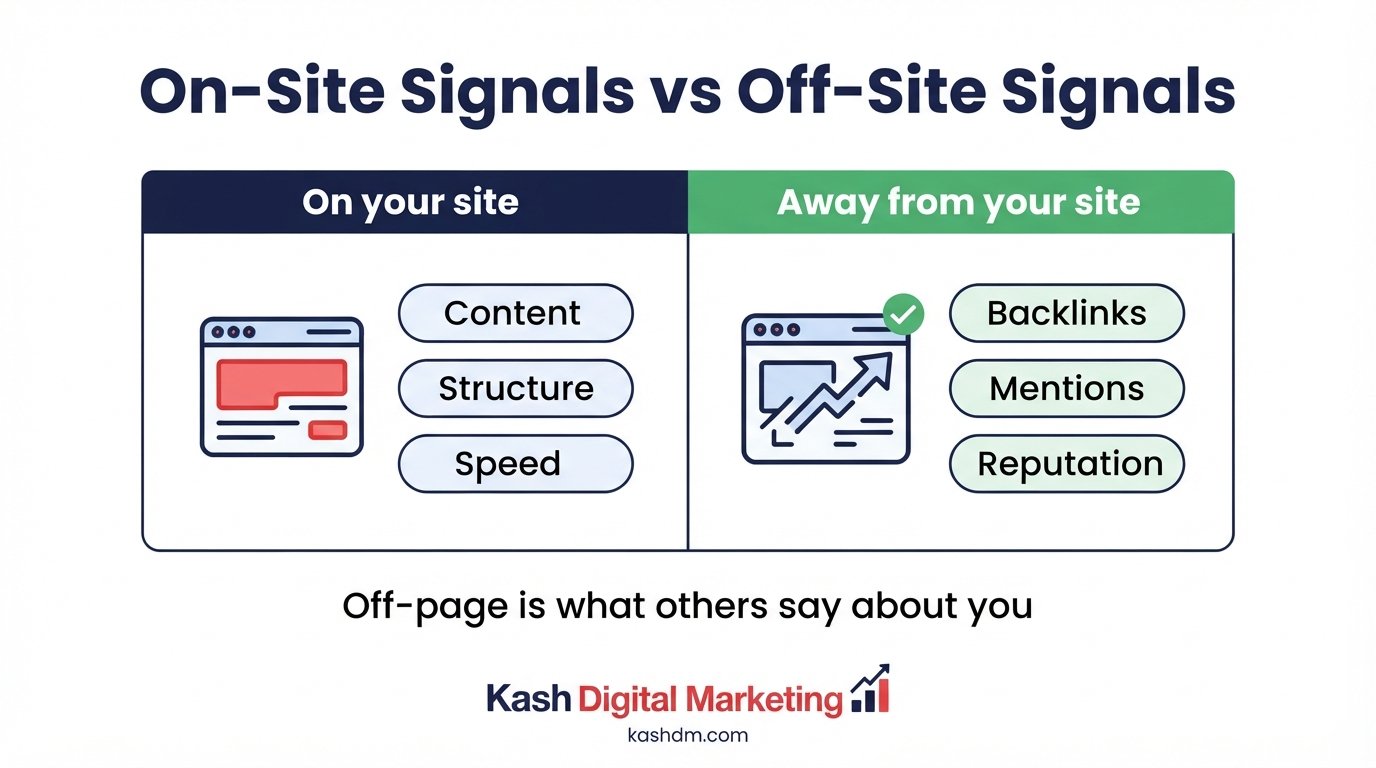 Off page SEO explained: backlinks, brand mentions and citations as external trust signals for Google rankings.