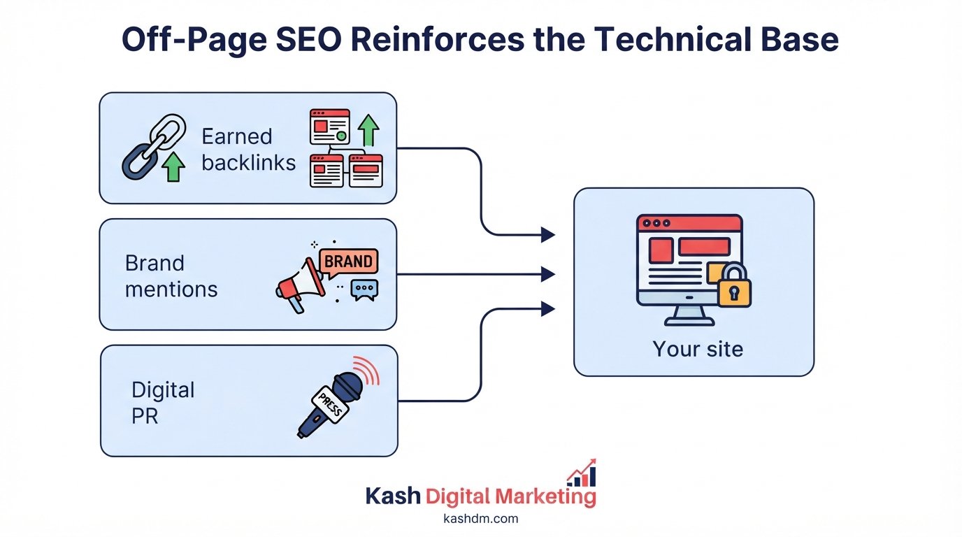 Off-page SEO services: backlinks and brand authority reinforcing a technically sound website.