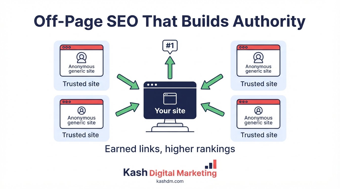 Off page SEO services: a website's authority growing through white-hat backlinks and digital PR.