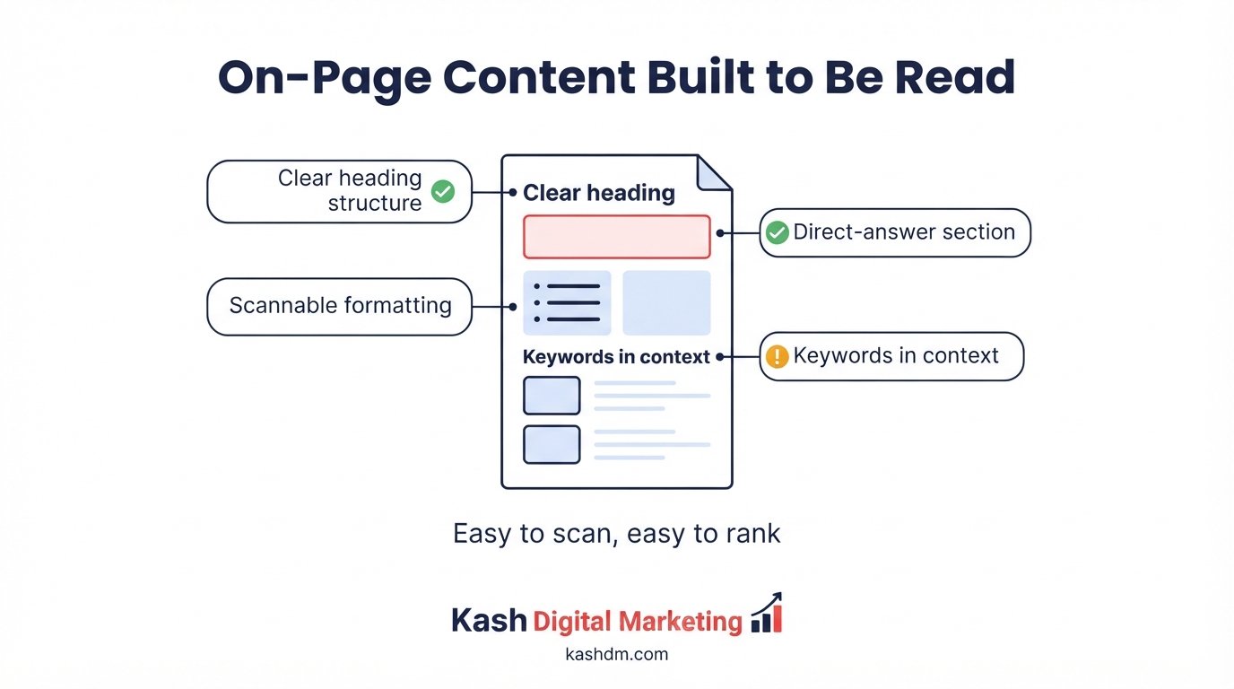 On-page content optimization: heading structure, formatting and direct-answer sections built for scannability.