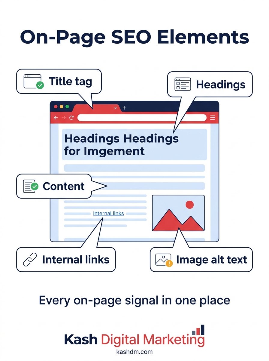On-page SEO elements: title tag, headings, content, internal links and image alt text labeled on a webpage.