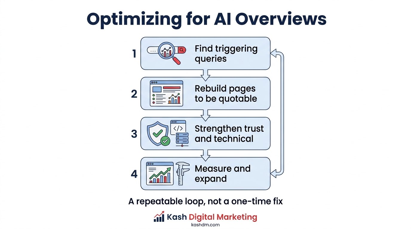 How to optimize SEO for Google AI Overviews: find triggering queries, rebuild pages, strengthen trust and measure citations.
