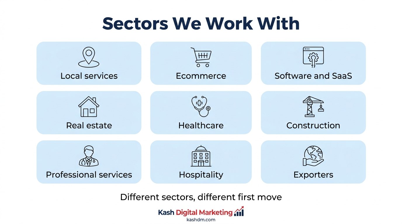 Grid of sector icons — local services, ecommerce, SaaS, real estate, healthcare, construction, professional services, hospitality, exporters — each labelled with its primary SEO lever