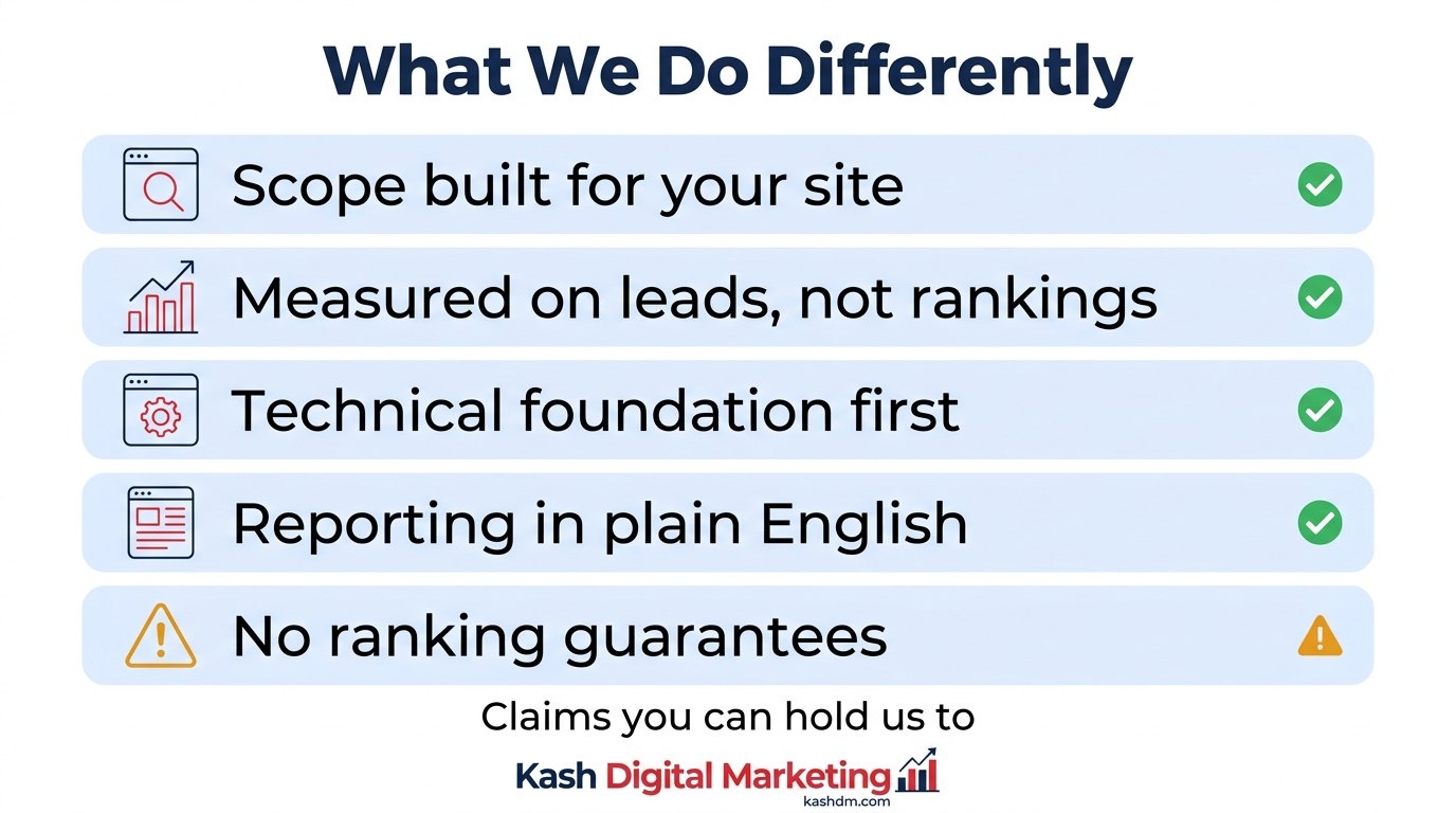 Five differentiators of Kash Digital Marketing: custom scope, growth metrics, technical-first sequencing, plain-English reporting, and no ranking guarantees