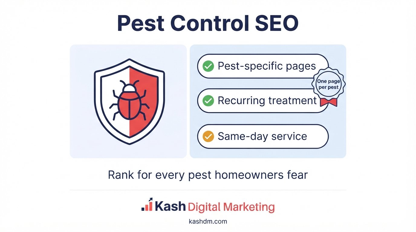 Pest control SEO services: pest-specific landing pages and recurring treatment plan pages.