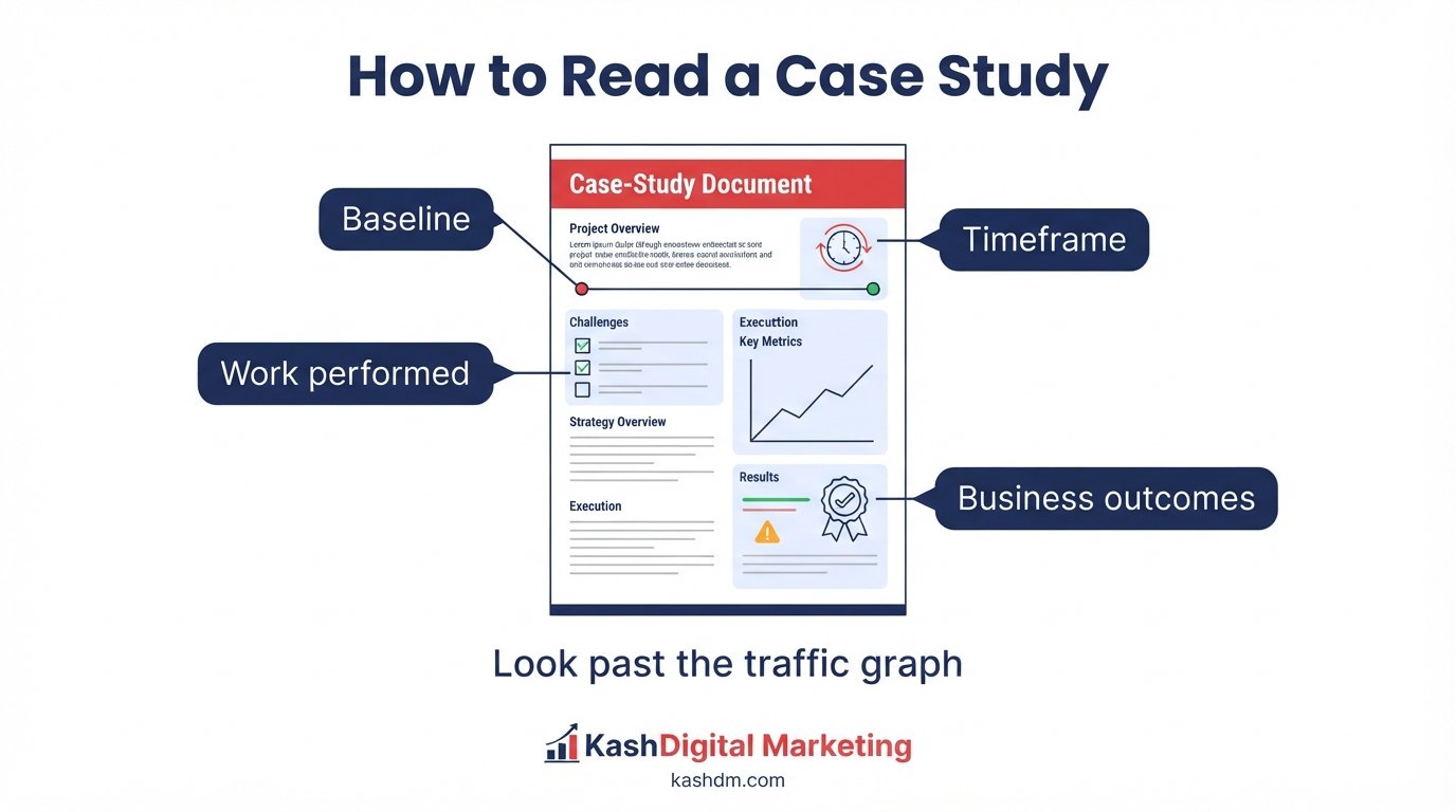 How to read an SEO case study: baseline, work performed, timeframe and business outcomes, not just a traffic graph.