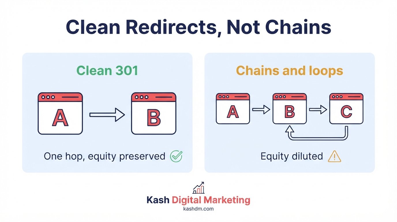 Redirects: clean 301 redirects versus damaging chains and loops that dilute link equity.