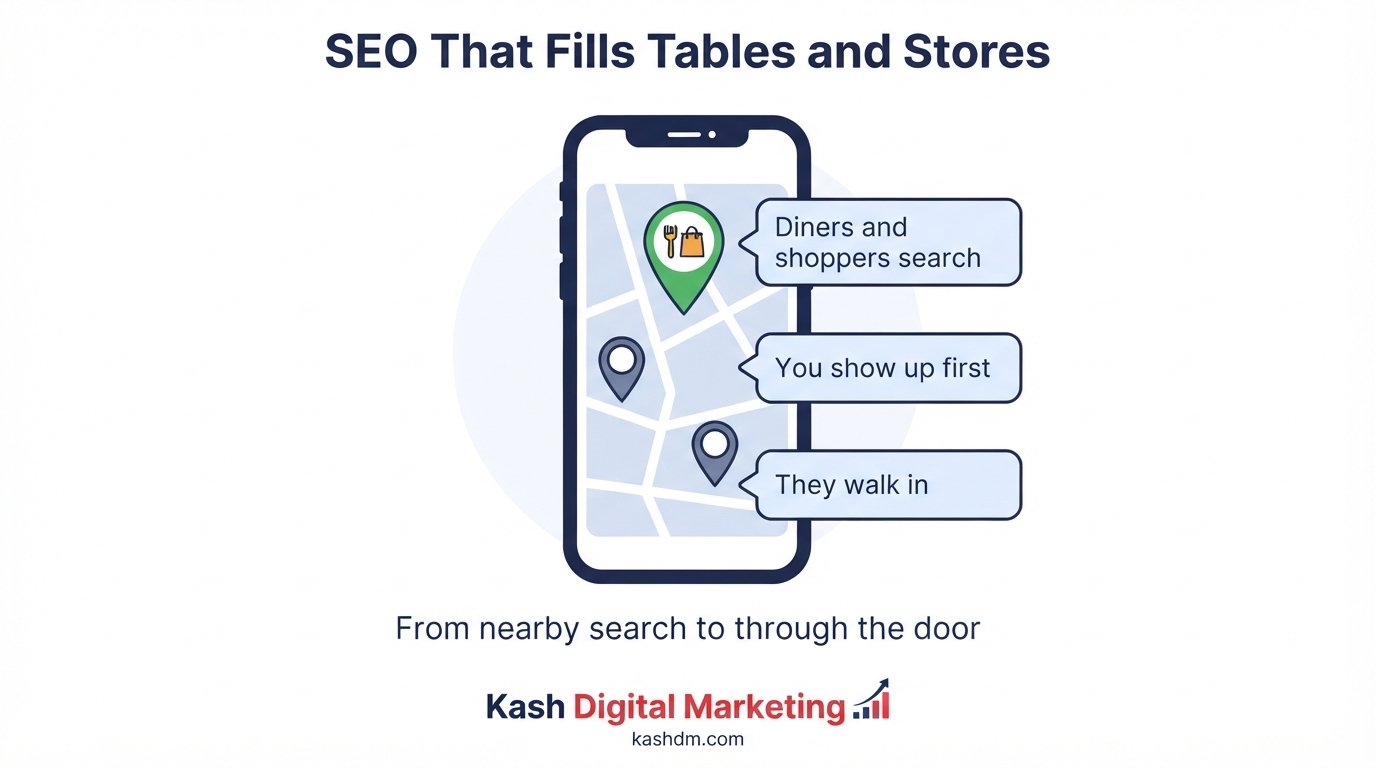 Restaurant and retail SEO services: a diner searching on a phone and choosing a restaurant in the Google map pack.