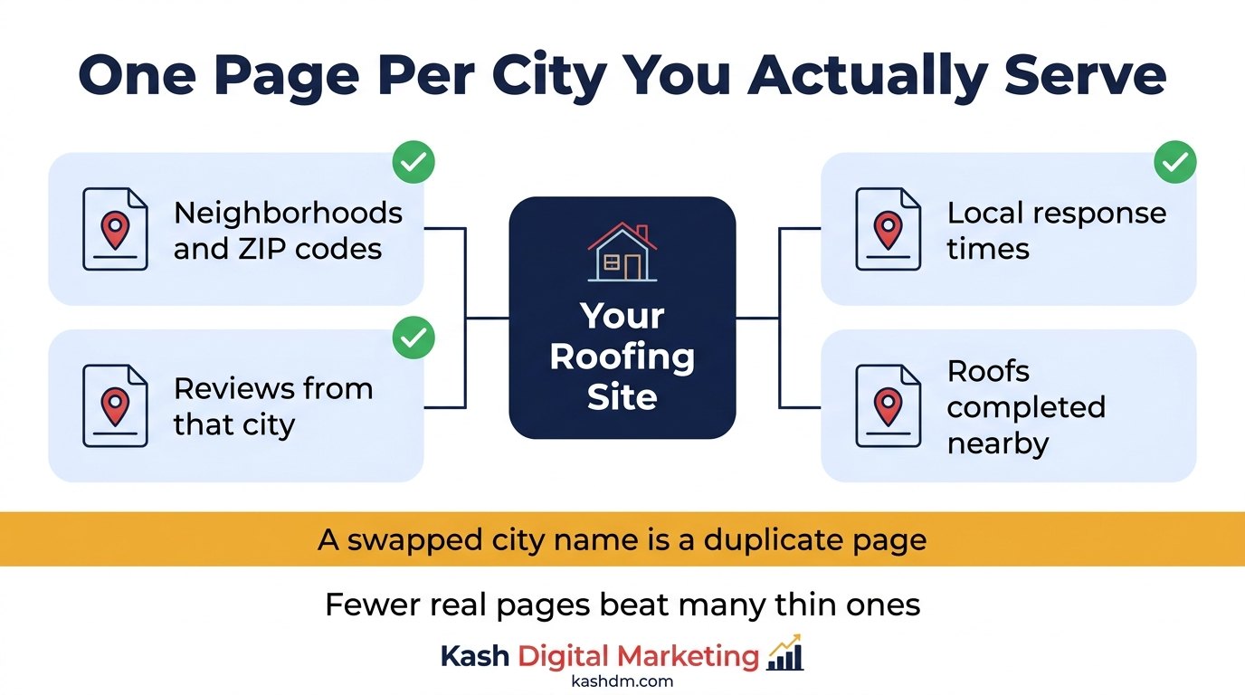 Roofing city pages: neighborhoods, local response times, reviews from that city and completed local projects.