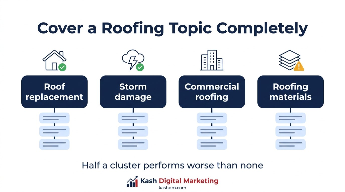 Roofing content clusters: pillar pages for replacement, storm damage, commercial and materials with supporting question pages.