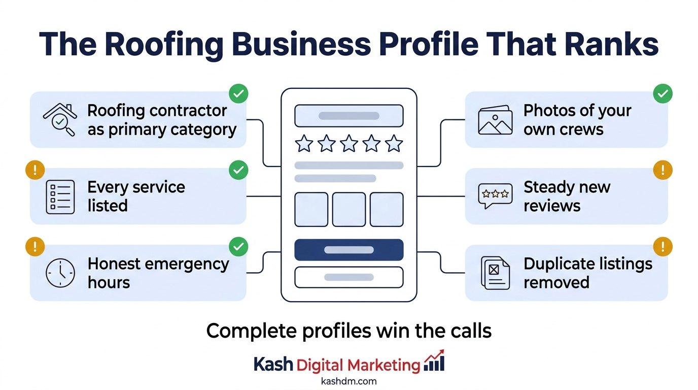 Google Business Profile optimization for roofing companies: categories, services, photos, reviews and honest emergency hours.