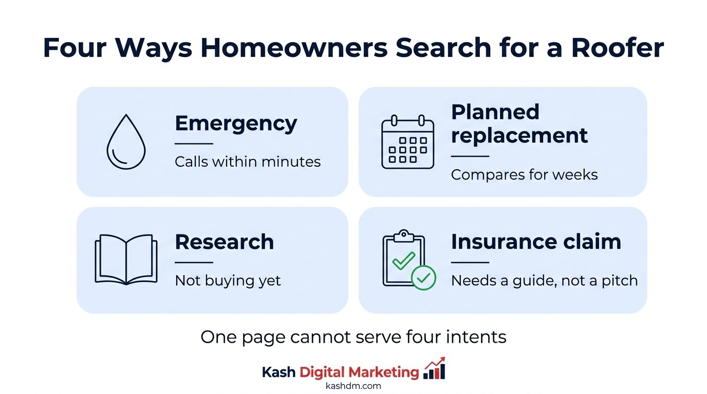 Four ways homeowners search for a roofer: emergency, planned replacement, research and insurance claim.