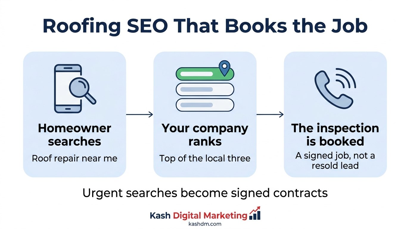 Roofing SEO services: a roofing contractor ranking in the Google map pack and turning local searches into booked roofing jobs.