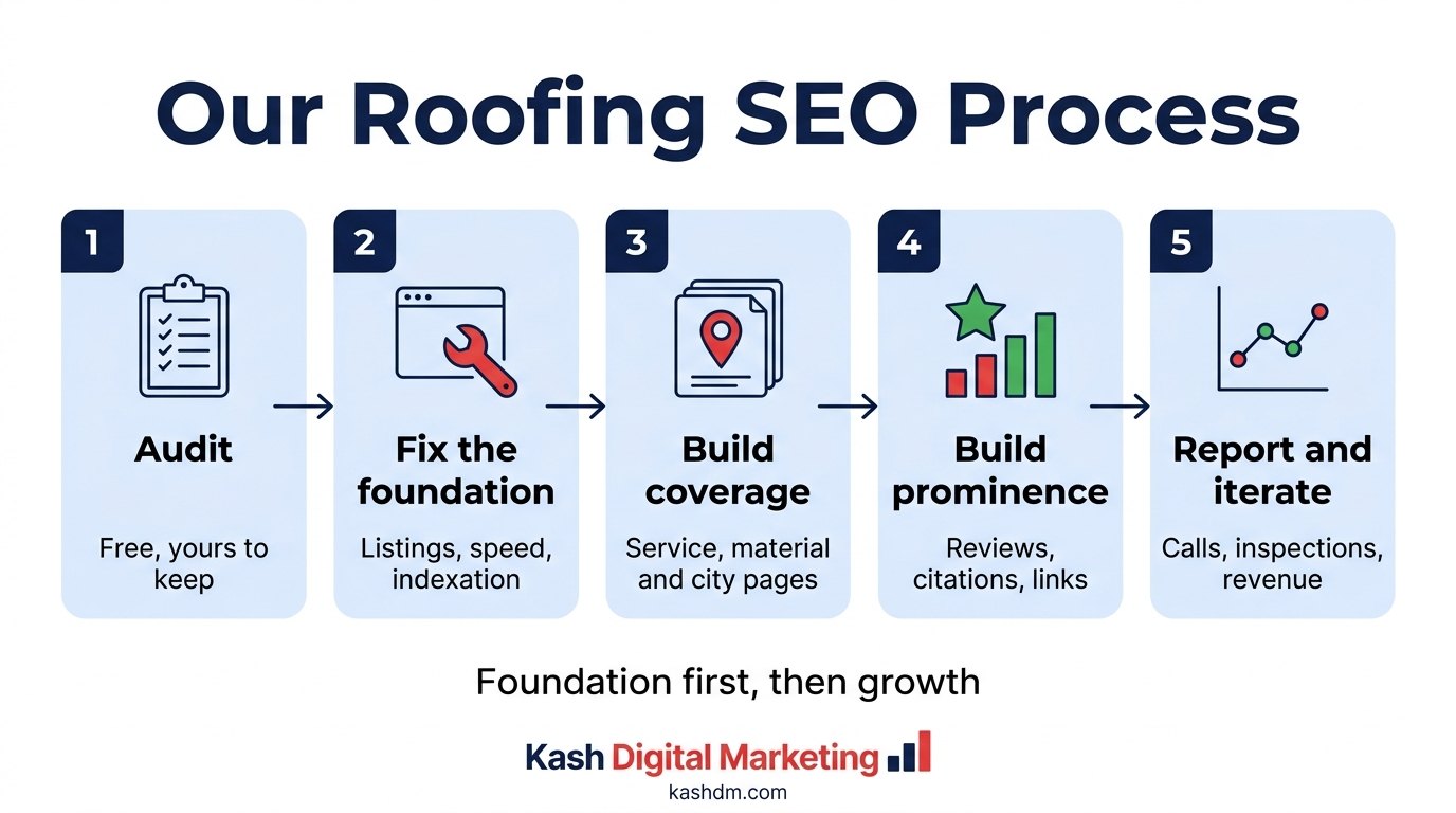 Our roofing SEO process: audit, fix the foundation, build coverage, build prominence, then report and iterate.