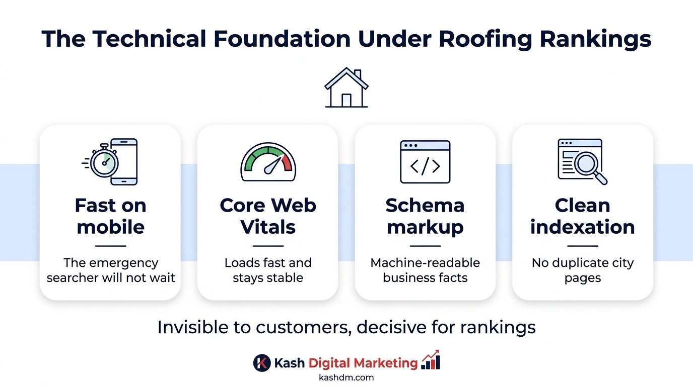 Technical SEO for roofing websites: crawlability, site architecture, speed, duplicate content and internal linking.