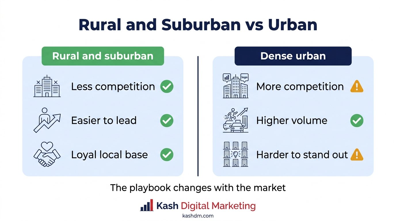 Local SEO for rural, suburban and small-town markets versus dense urban competition.