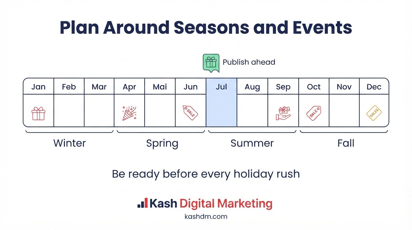 Seasonal and event marketing for restaurants and retail: a content calendar planned around holidays and local events.